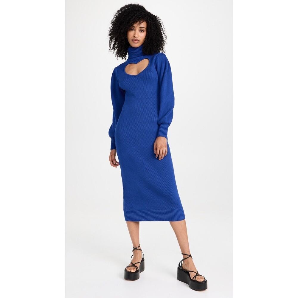 Farm Rio Bright Blue Ribbed Knit Heart Cutout‎ Turtleneck Sweater Midi Dress NEW - Picture 5 of 16